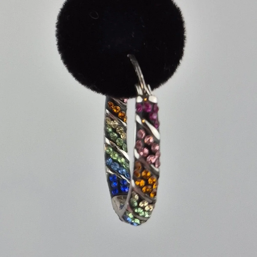 Rainbow CZ Hoop Earrings Set with Adjustable‎ Bolo Bracelet Pride Sparkly Glam